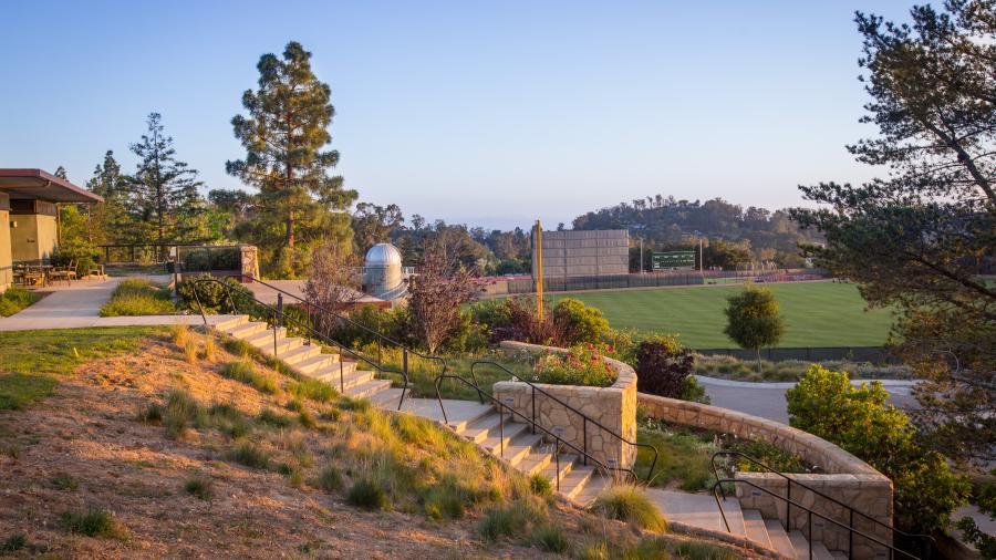 View of baseball field and observatory from behind Winter Hall